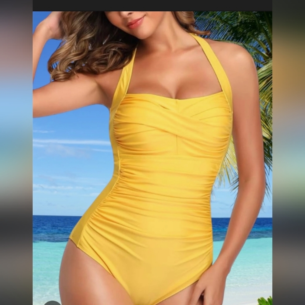New Yellow Halter One-Piece Swimsuit